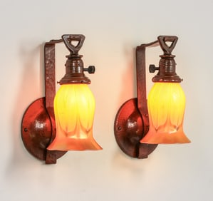 Buffalo Studios - Tony Smith Hammered Copper & Quezal Art Glass Sconces c1990s