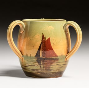 Wardle & Co - Staffordshire, England Three-Handle Sailboat Scenic Vase c1890s