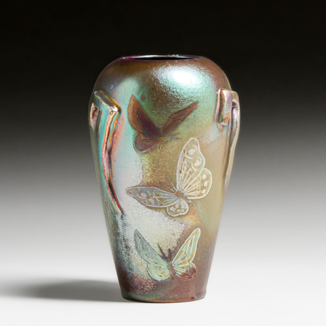 Delphin Massier (1836–1907) Art Nouveau Iridescent Butterfly Vase c1890s: Delphin Massier (1836–1907) Art Nouveau Iridescent Butterfly Vase c1890s. Signed. Perfect condition. Delphin Massier was a French ceramist who was active during the late 19th and early 20th centurie