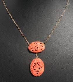 Arts & Crafts Period 14k Gold & Hand-Carved Coral Neclace c1910