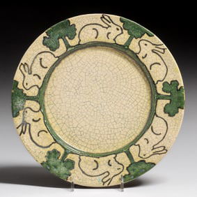 Early Pewabic Pottery Iridescent Crackleware Bunny & Oak Tree Plate c1905