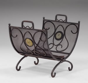 Arts & Crafts Spanish Revival Iron & Inset Glass Log Holder c1920s