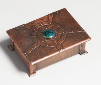 Albert Edward Jones Hammered Copper & Enamel Strap Riveted Box c1900s