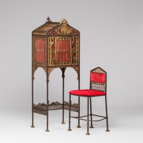 Oscar Bach - New York Bronze & Iron Art Deco Telephone Stand & Chair c1920s