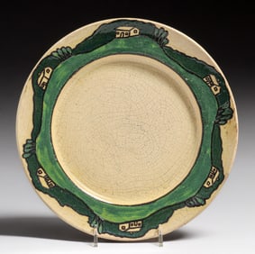 Early Pewabic Pottery Iridescent Crackleware Cottage Landscape Plate c1910