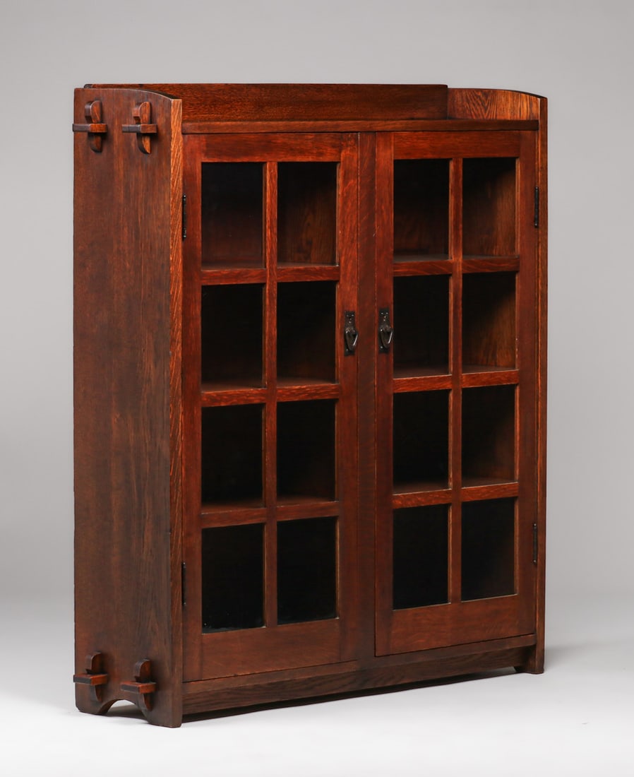 Gustav Stickley Two-Door Tenon & Key Bookcase c1910: Gustav Stickley Two-Door Tenon & Key Bookcase c1910. One of the nicer examples of this classic bookcase. Signed. Excellent original finish. 56"h x 48"w (51"w with tenons) x 13"d FREE NATIONWIDE SHIPPI