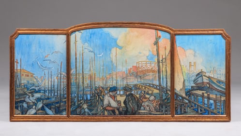 Daniel Sayre Groesbeck (1878-1950) Harbor Scene Triptych c1920s