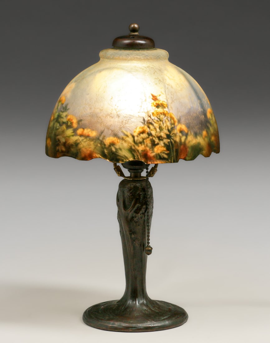 Handel #6457 Reverse Painted Floral Boudoir Lamp c1910: Handel #6457 Reverse Painted Floral Boudoir Lamp c1910. Signed. Excellent original patina. Original glass shade in excellent condition. 14"h x 7" x 7" FREE NATIONWIDE SHIPPING Free Nationwide Shippi