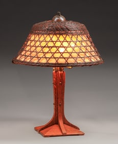 Gustav Stickley Oak & Japanese Wicker Lamp c1910