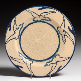 Early Pewabic Pottery Iridescent Crackleware Flying Geese Plate c1905