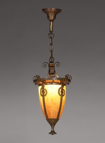 Arts & Crafts Period Hammered Brass & Kokomo Curved Glass Hanging Light c1910s