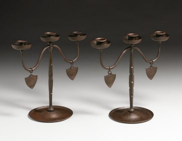 Hugo Berger - Goberg - German Pair Hand-Forged Iron Triple Candlesticks c1910