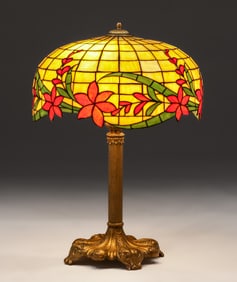 Gorham Red Floral Leaded Glass Lamp c1905