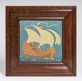 Grueby Galleon Ship Framed Tile c1905