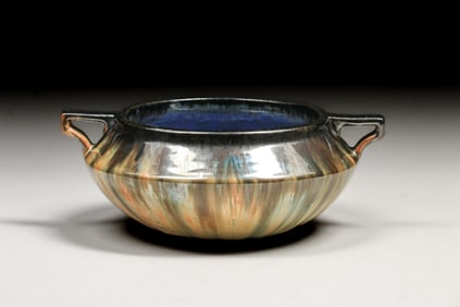 Fulper Pottery Two-Handled Mirror Black Flambe Bowl c1910s