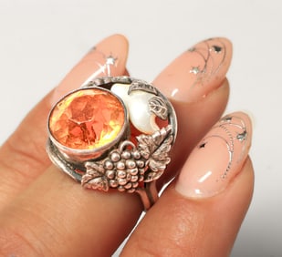 Arts & Crafts Period Sterling Silver Faceted Topaz & Freshwater Pearl Grapevine Ring c1910