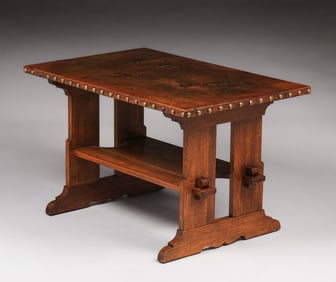 L&JG Stickley 48" Leather-Top Trestle Table c1908-1912