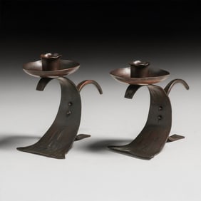 Erhard Glander Hammered Copper Pair Candlesticks c1930s