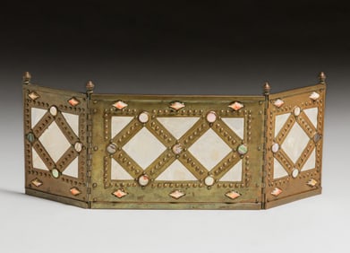 Charles Frederick Eaton Cowrie Shell Panel, Mother-of Pearl, Abalone & Inset Coral Tea Screen c1905