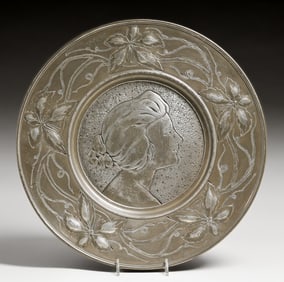 German Art Nouveau Hammered Pewter Plate c1905