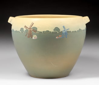 Weller Greenway Dutch Windmill Scene Two-Handled Jardiniere c1910