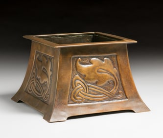 Margaret Gilmour - Glasgow Hammered Copper Oak Leaves Jardiniere c1900s