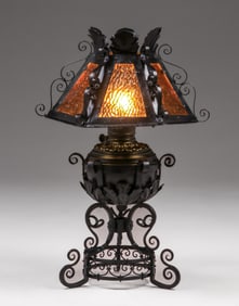 Arts & Crafts Period Iron & Amber Glass Lamp c1900s
