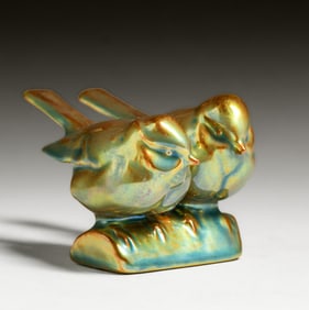 Zsolnay - Hungary Iridescent Green Love Birds c1910