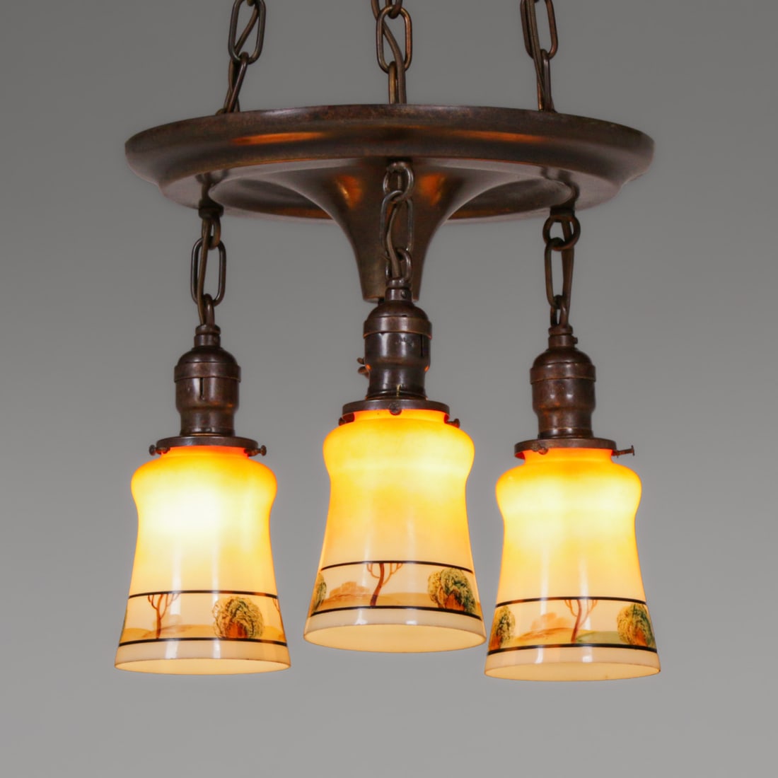 Arts & Crafts Period Brass & Art Glass Hanging Chandeliere c1910 (1 of 5)