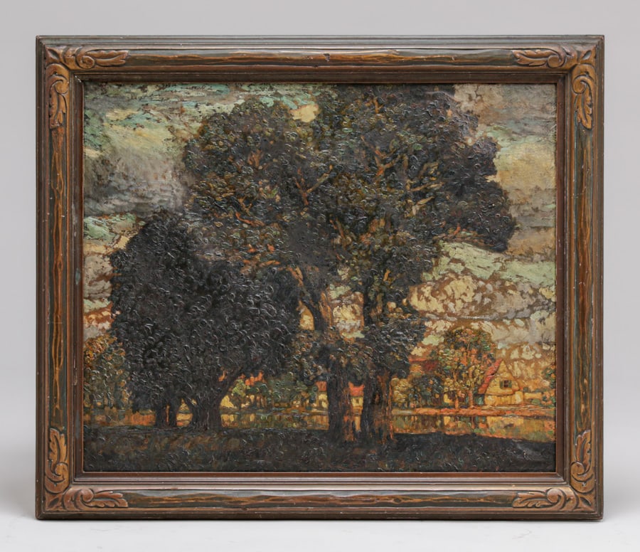 American Impressionist Oak Trees Village Painting c1910 (1 of 5)