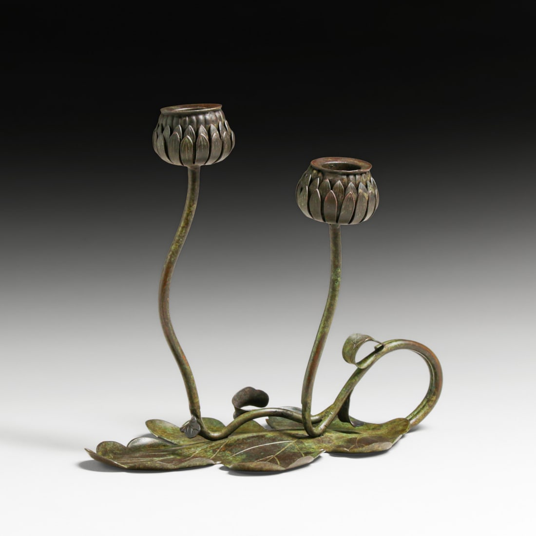 Art Nouveau Bronze Lotus Flower Double Candlestick c1910 (1 of 6)