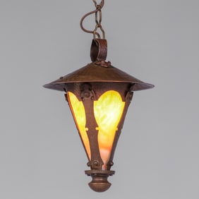 Arts & Crafts Period Brass & Slag Glass Hanging Pendant Light c1910
