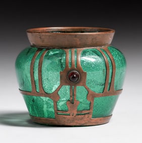 Austrian Secession Art Nouveau Copper Overlay Hand Blown Glass Vase c1900