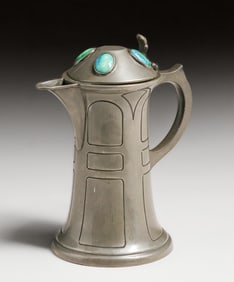 William Hutton & Sons - Sheffield, England Pewter & Ruskin Enamel Cabochon Pitcher c1900s