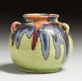 French Multi-Color Stoneware Three-Handled Vase c1920s