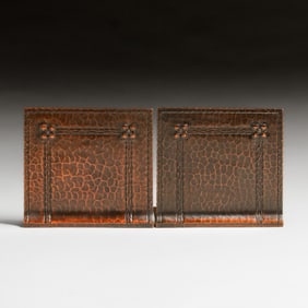 Roycroft Hammered Copper Square Flower Bookends c1915