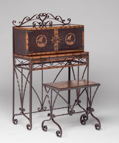 California Arts & Crafts Hammered Copper & Spanish Revival Hand-Forged Iron Desk & Stool c1920s