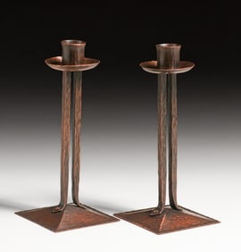 Roycroft Hammered Copper "Princess" Candlesticks c1915