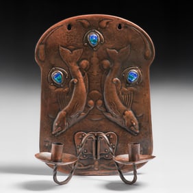 English Arts & Crafts Hammered Copper & Enamel Double Candle Sconce c1900