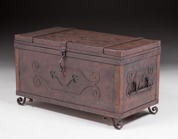 Large Arts & Crafts Spanish Revival Hand-Forged Iron Blanket Chest c1920