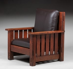 Large Stickley Brothers Slatted 3/4 Cube Chair c1910