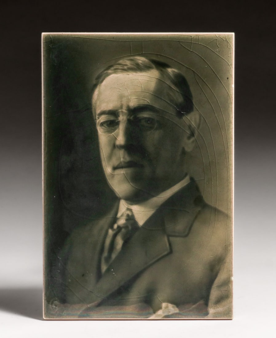 J.H. Barratt & Co Woodrow Wilson Tile 1916: J.H. Barratt & Co Woodrow Wilson Tile 1916. Signed. Provenance: Stinson Family Collection. Surface crazing, otherwise perfect condition. 9"h x 6"w FREE NATIONWIDE SHIPPING Free Nationwide Shipping w