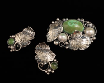 Frank Gardner Hale Sterling Silver & Green Stone Brooch & Earrings Set c1905