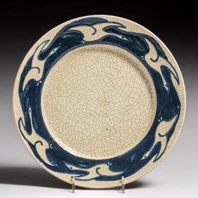 Early Pewabic Pottery Iridescent Crackleware Flying Geese Plate c1910