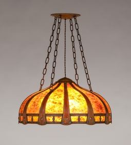 August Tiesselinck - Lillian Palmer Hammered Copper & Mica Hanging Chandelier c1914-1917
