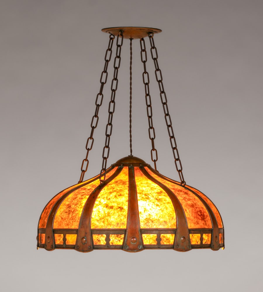 August Tiesselinck - Lillian Palmer Hammered Copper & Mica Hanging Chandelier c1914-1917 (1 of 9)
