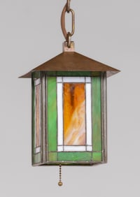 Arts & Crafts Period Brass & Leaded Glass Hanging Light c1910