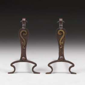 Arts & Crafts Period Hand-Forged Iron & Brass Andirons c1910