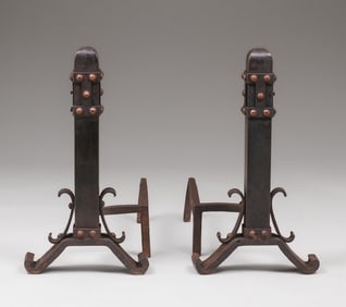 Prairie School Arts & Crafts Iron & Copper Riveted Andirons c1910