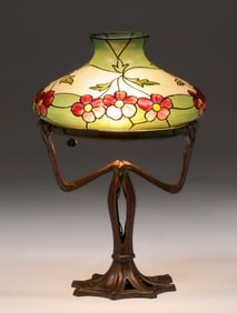 German Art Nouveau Bronze & Art Glass Lamp c1905